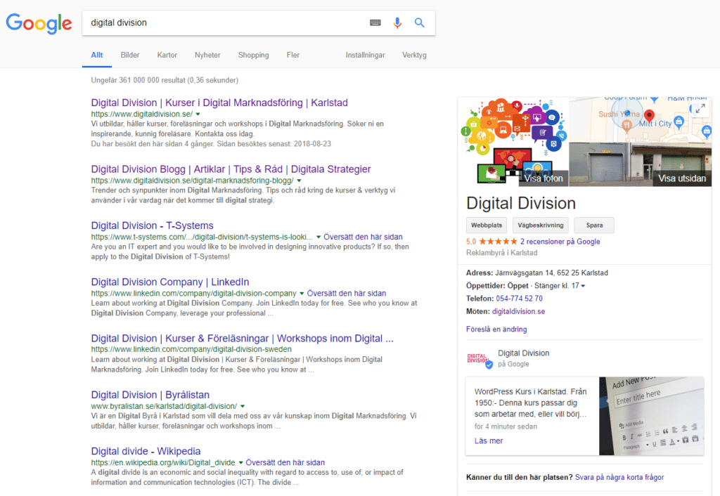 Bildexempel på Google My Business resultat