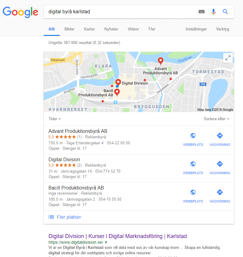 Exempel på Google My Business Branschregister